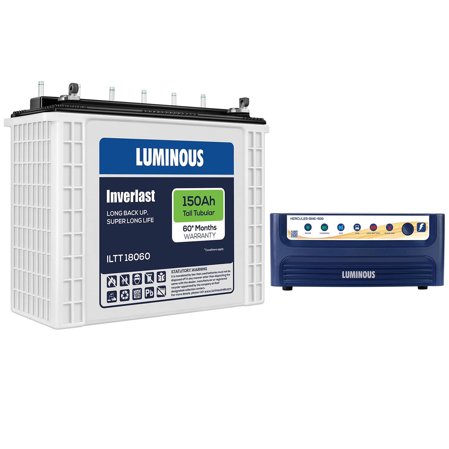 Luminous Inverter & Battery Combo (Hercules 1500 Pure Sine Wave 1400VA/12V Inverter with ILTT18060 Tall Tubular 150Ah Battery) for Home, Office & Shops