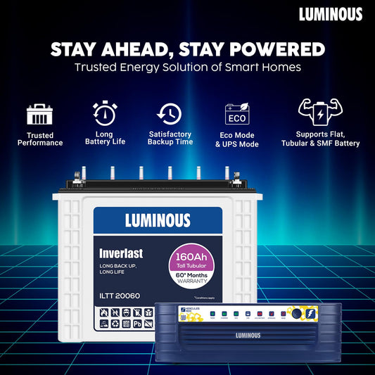Luminous Inverter & Battery Combo (Hercules 1600 Square Wave 1500VA/12V Inverter with ILTT20060 Tall Tubular 160Ah Battery) for Home, Office & Shops