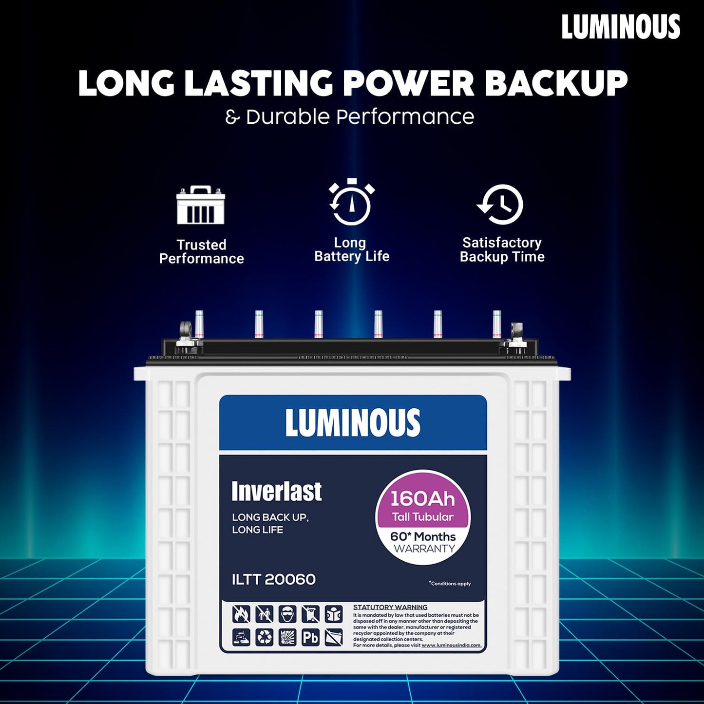 Luminous Inverter & Battery Combo (Hercules 1600 Square Wave 1500VA/12V Inverter with ILTT20060 Tall Tubular 160Ah Battery) for Home, Office & Shops