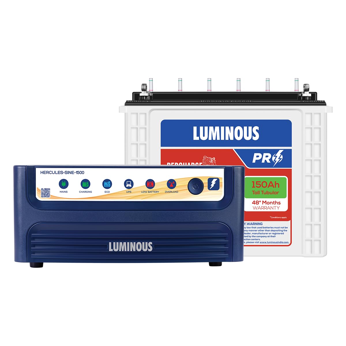 Luminous Inverter & Battery Combo (Hercules 1500 Pure Sine Wave 1400VA/12V Inverter with RC18000 PRO Tall Tubular 150Ah Battery) for Home, Office & Shops