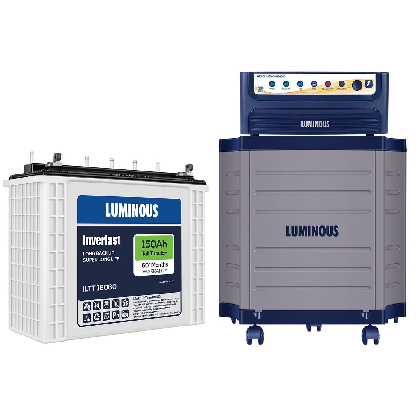 Luminous Inverter & Battery Combo (Hercules 1500 Pure Sine Wave 1400VA/12V Inverter with ILTT18060 Tall Tubular 150Ah Battery + Trolley) for Home, Office & Shops