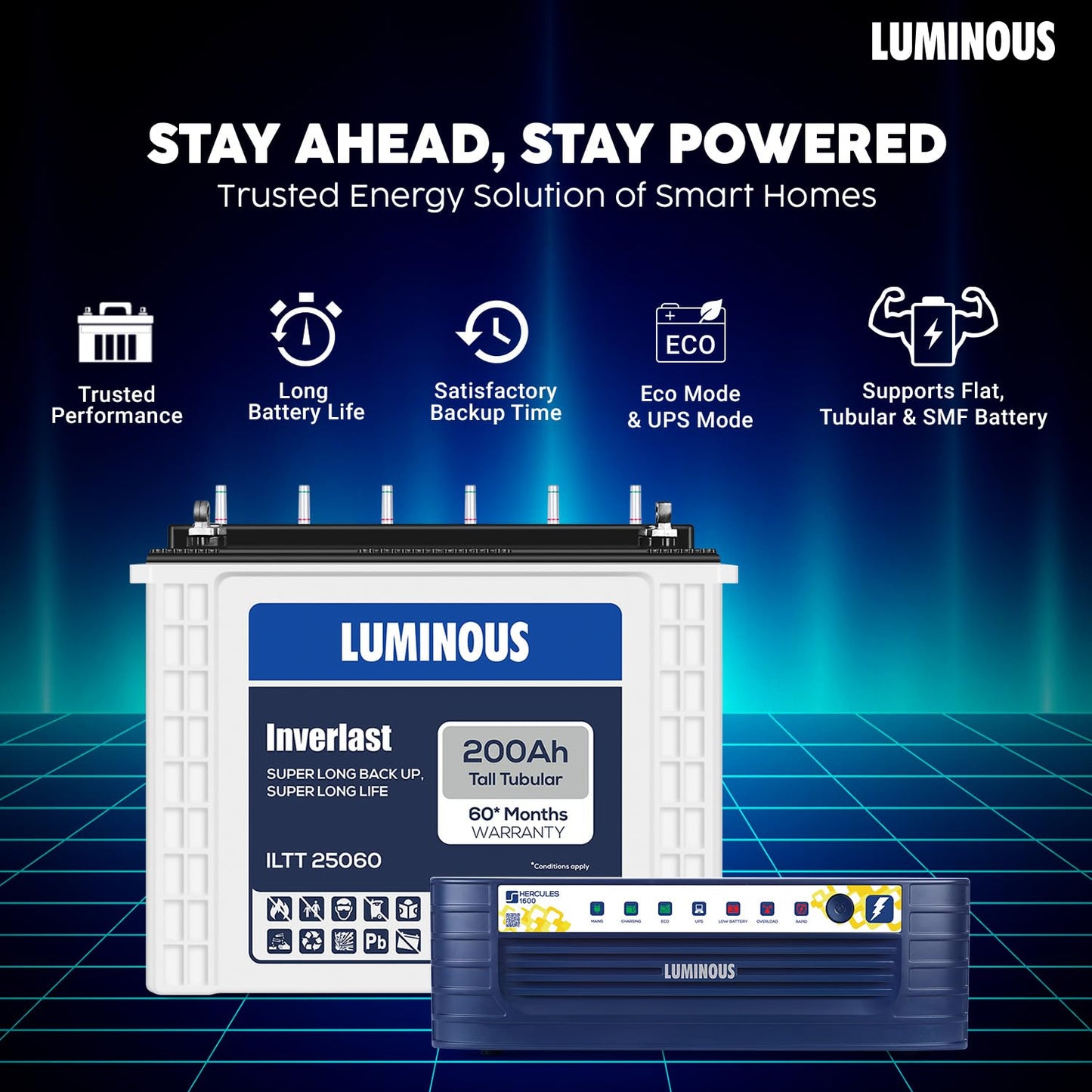 Luminous Inverter & Battery Combo (Hercules 1600 Square Wave 1500VA/12V Inverter with ILTT25060 Tall Tubular 200Ah Battery) for Home, Office & Shops