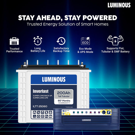 Luminous Inverter & Battery Combo (Hercules 1600 Square Wave 1500VA/12V Inverter with ILTT25060 Tall Tubular 200Ah Battery) for Home, Office & Shops