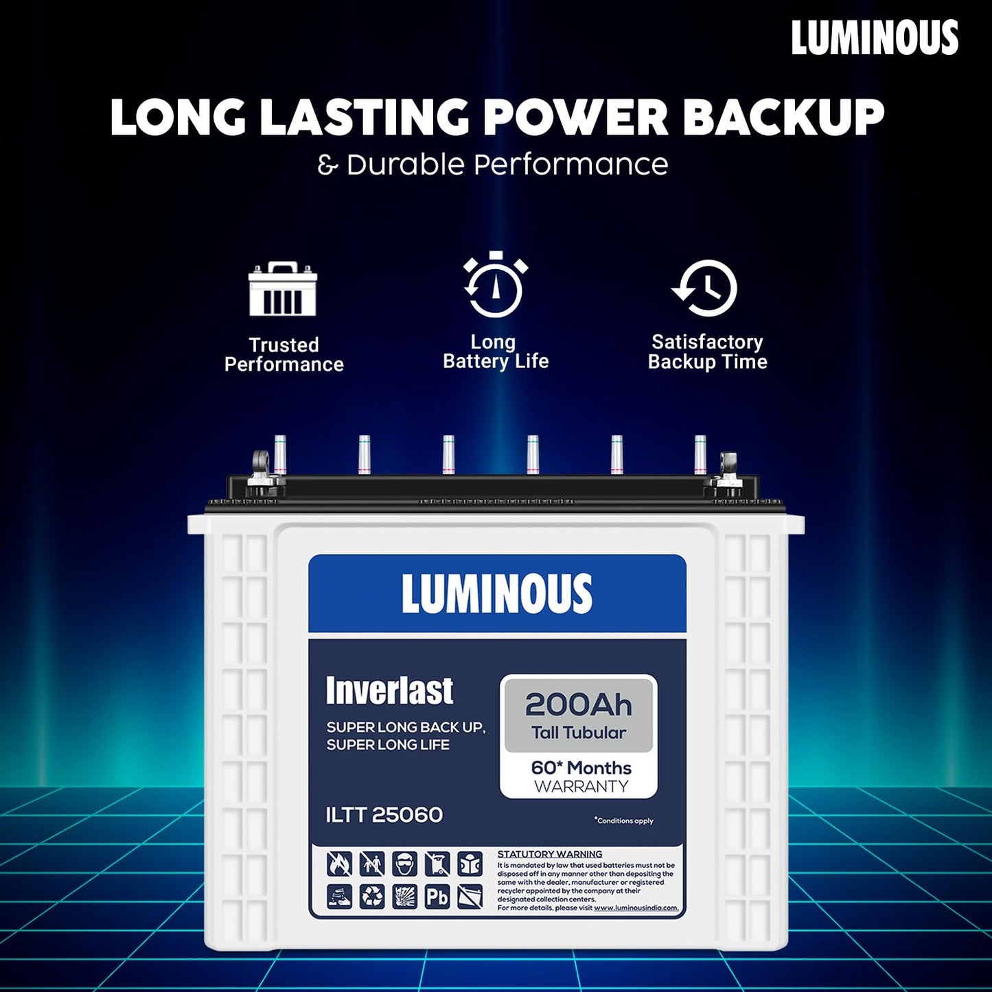Luminous Inverter & Battery Combo (Hercules 1600 Square Wave 1500VA/12V Inverter with ILTT25060 Tall Tubular 200Ah Battery) for Home, Office & Shops