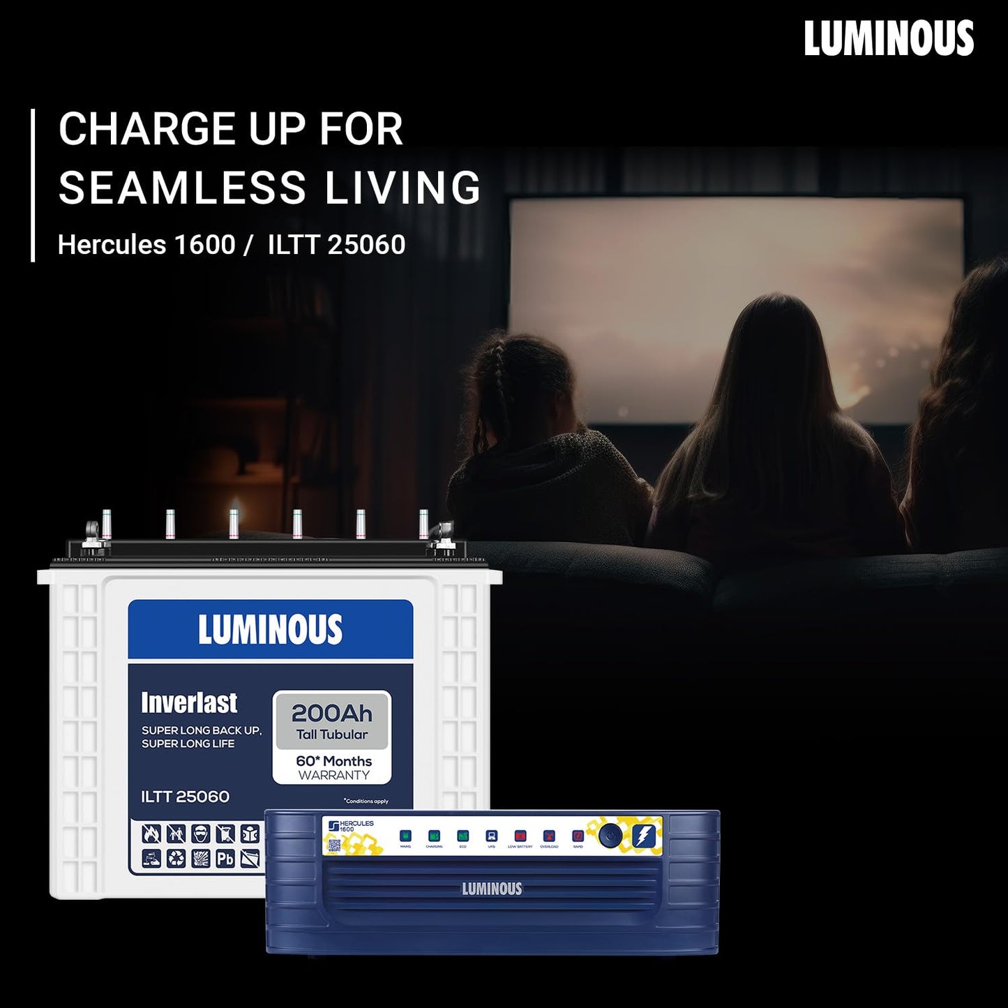 Luminous Inverter & Battery Combo (Hercules 1600 Square Wave 1500VA/12V Inverter with ILTT25060 Tall Tubular 200Ah Battery) for Home, Office & Shops