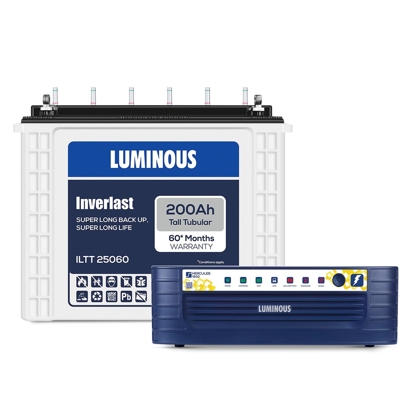 Luminous Inverter & Battery Combo (Hercules 1600 Square Wave 1500VA/12V Inverter with ILTT25060 Tall Tubular 200Ah Battery) for Home, Office & Shops
