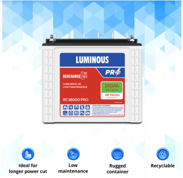 Luminous Inverter & Battery Combo (Power sine 1100 Pure Sine Wave 900VA/12V Inverter with Red Charge RC18000 PRO 150Ah Battery) for Home, Office & Shops