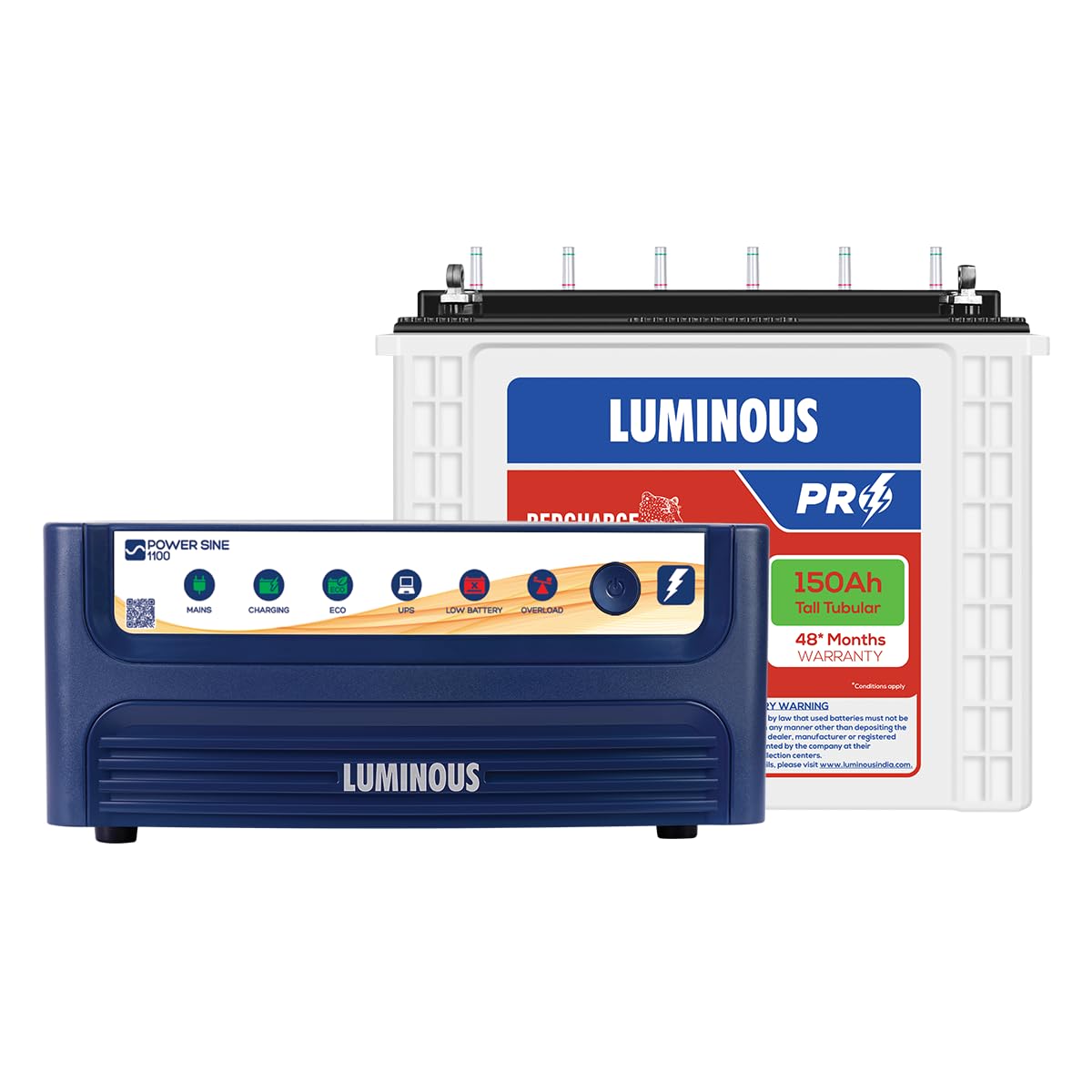 Luminous Inverter & Battery Combo (Power sine 1100 Pure Sine Wave 900VA/12V Inverter with Red Charge RC18000 PRO 150Ah Battery) for Home, Office & Shops