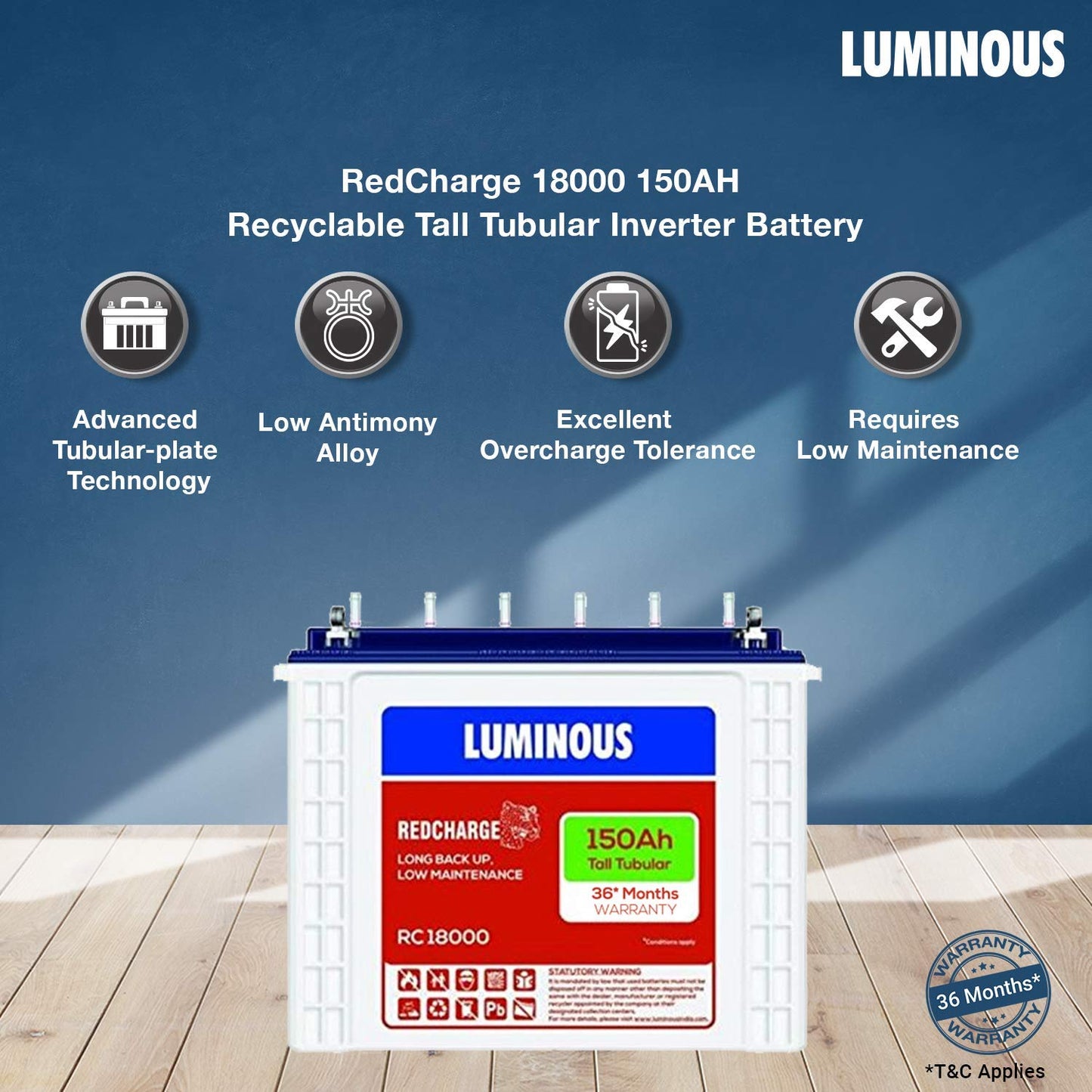 Luminous Red Charge RC18000 150AH Tall Tubular Inverter Battery with Eco Volt Neo 850 Pure Sine Wave Inverter with TX100L Trolley