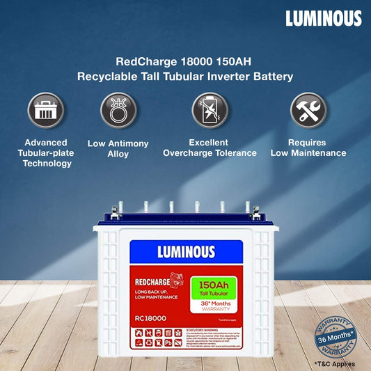 Luminous Red Charge RC18000 150AH Tall Tubular Inverter Battery with Eco Volt Neo 850 Pure Sine Wave Inverter with TX100L Trolley