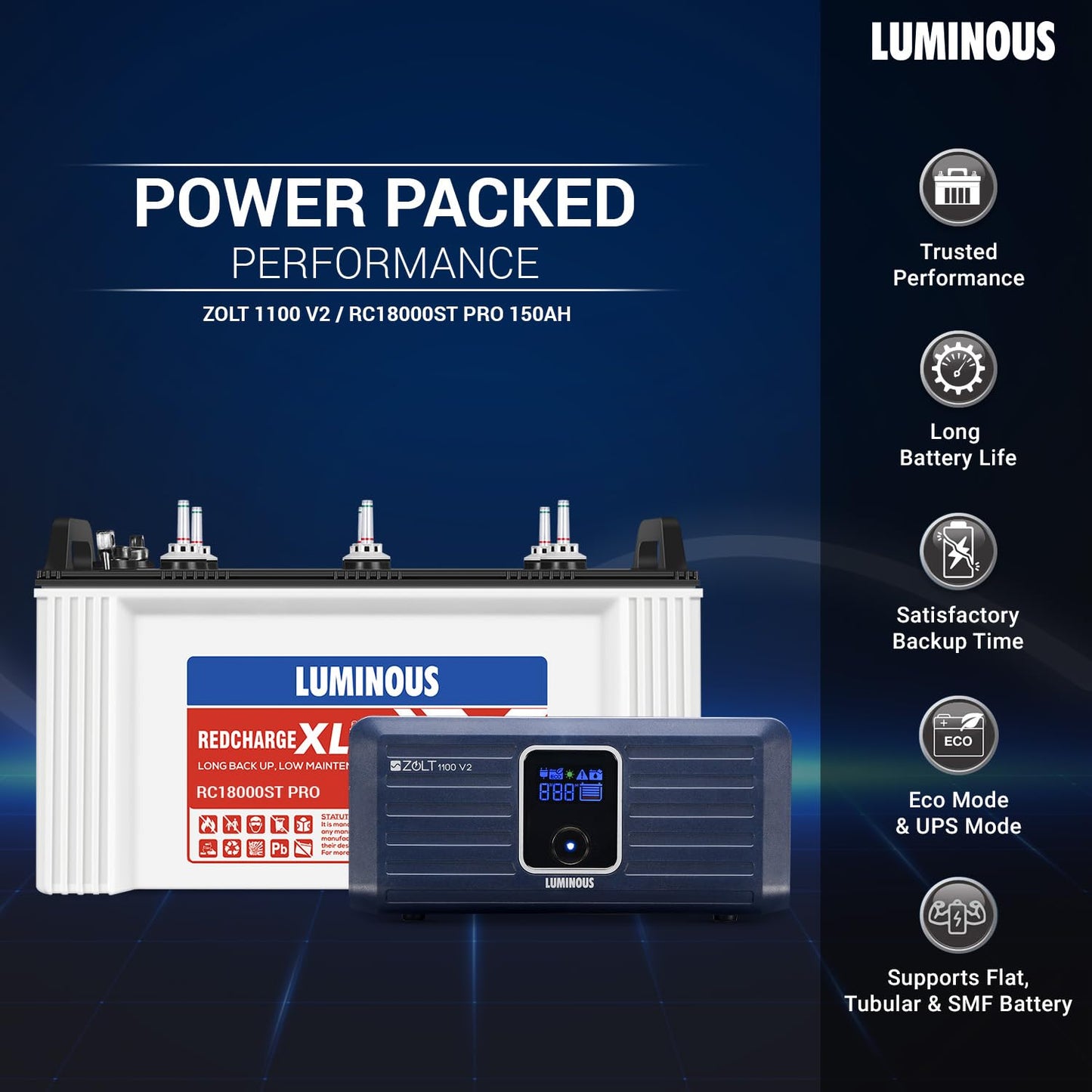 Luminous Inverter & Battery Combo (Zolt 1100 Pure Sine Wave 900VA/12V Inverter with RC18000ST PRO Tall Tubular 150Ah Battery) for Home, Office & Shops