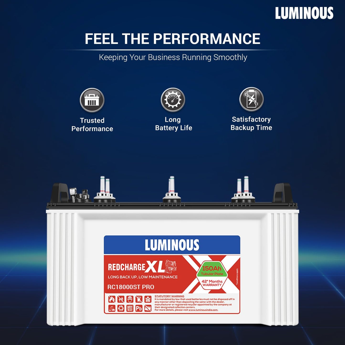 Luminous Inverter & Battery Combo (Zolt 1100 Pure Sine Wave 900VA/12V Inverter with RC18000ST PRO Tall Tubular 150Ah Battery) for Home, Office & Shops