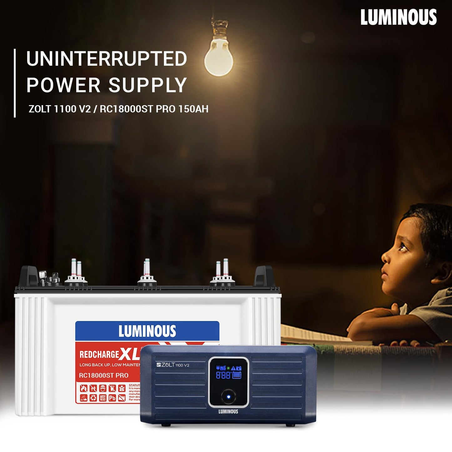 Luminous Inverter & Battery Combo (Zolt 1100 Pure Sine Wave 900VA/12V Inverter with RC18000ST PRO Tall Tubular 150Ah Battery) for Home, Office & Shops